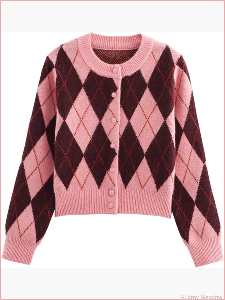 Argyle Preppy Cardigan Sweater Long Sleeve Button Down Color Block Knit